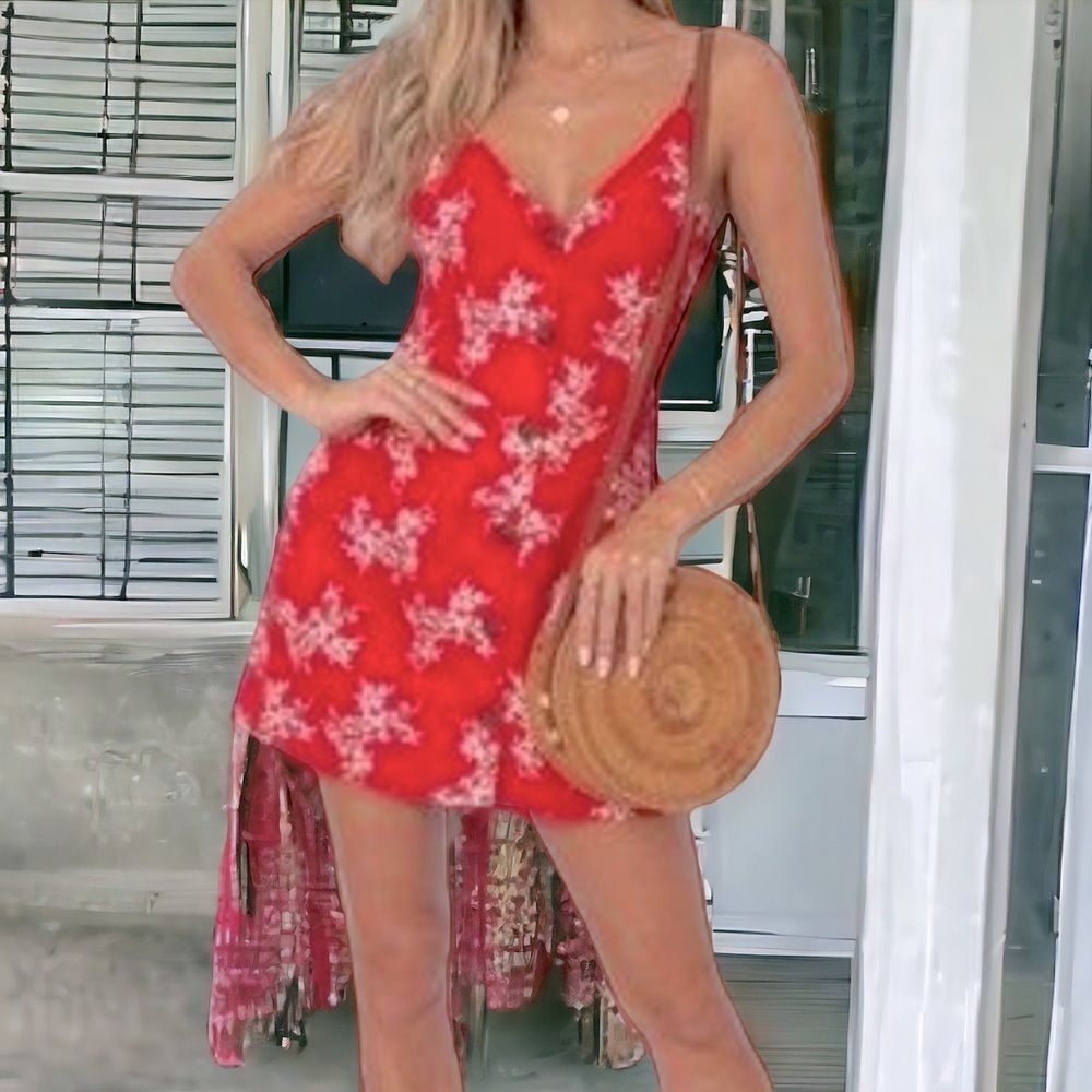 Red Floral V Neck Back Bow Tie Straps Summer Mini Dress NEW